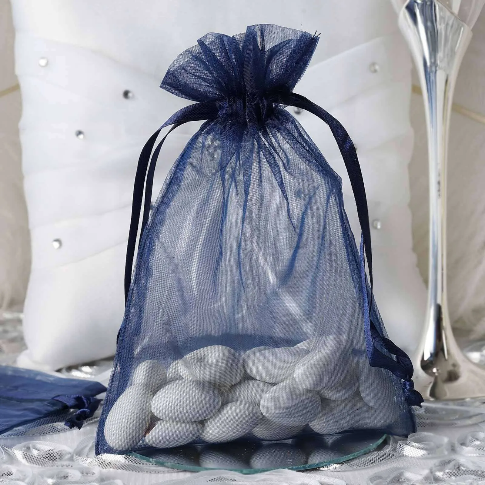 10 Pack 5"x7" Navy Blue Organza Drawstring Wedding Party Favor Gift Bags