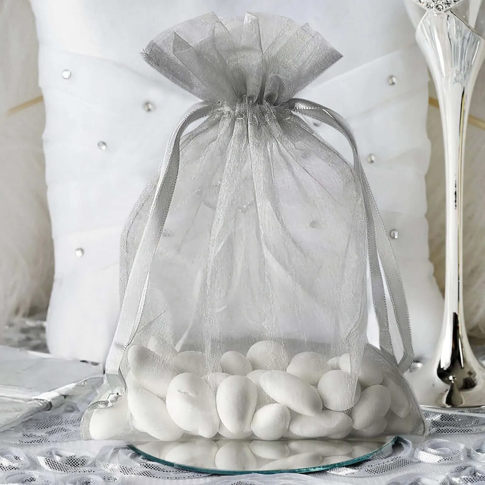 10 Pack 5"x7" Silver Organza Drawstring Wedding Party Favor Gift Bags