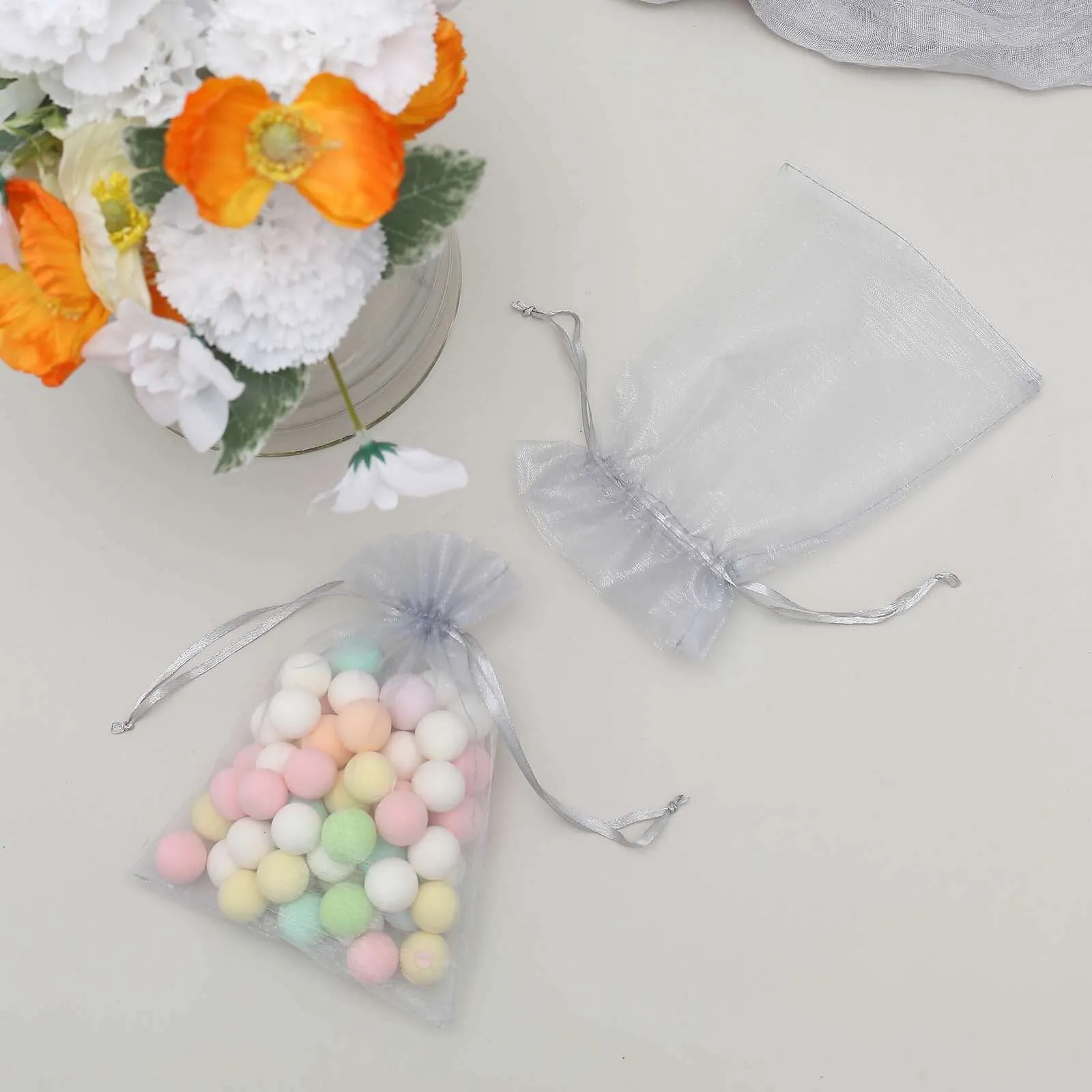 10 Pack 5"x7" Silver Organza Drawstring Wedding Party Favor Gift Bags