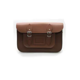 12.5 inch Real Leather Buckle Satchel Bag - Brown