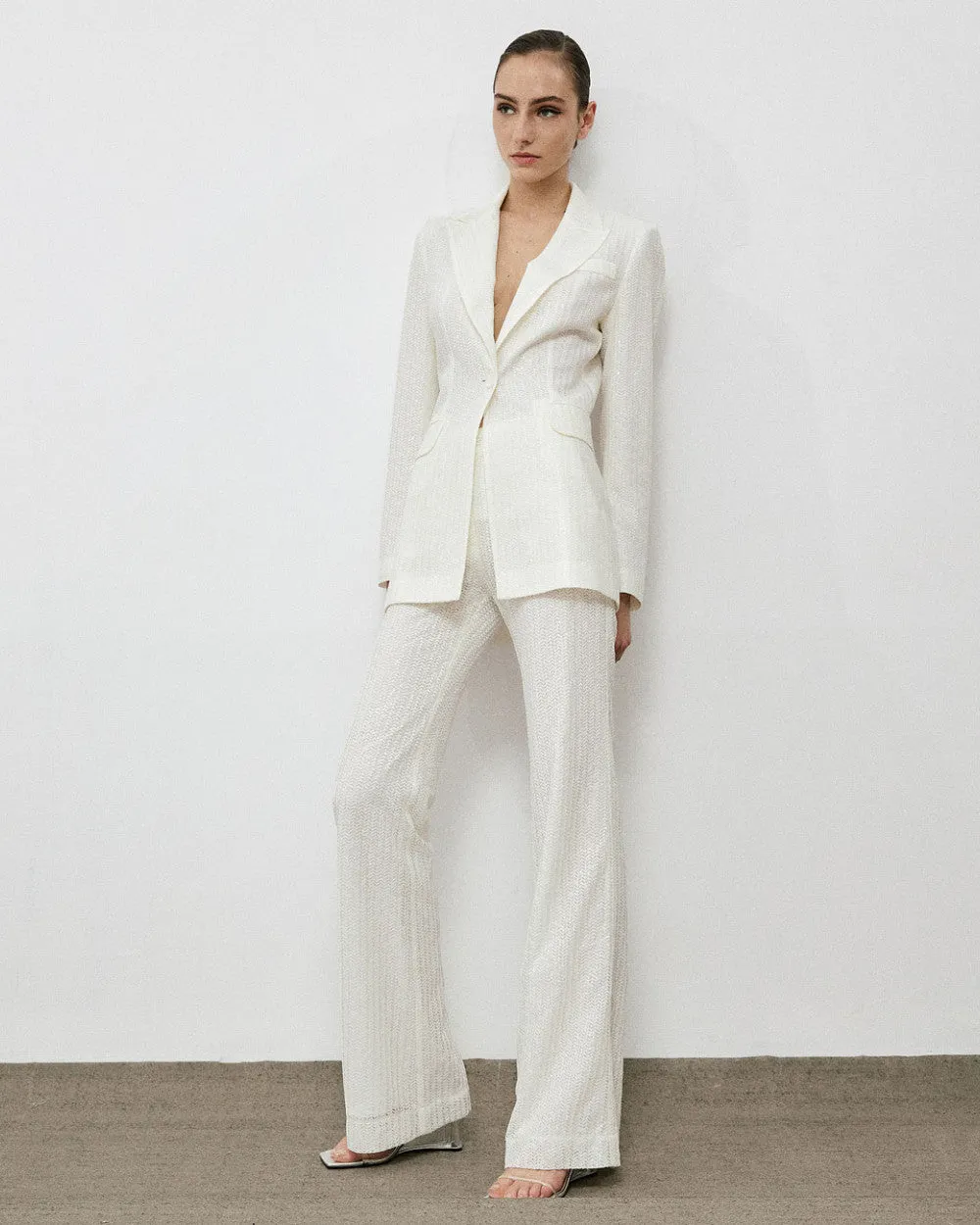 Access Off White Sequin Trouser With Lace Detailing