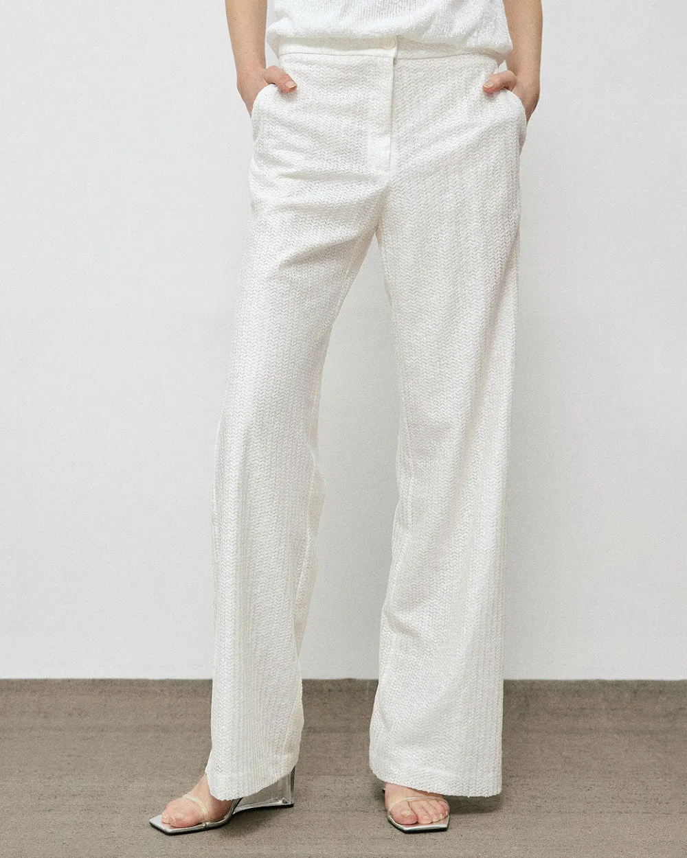 Access Off White Sequin Trouser With Lace Detailing