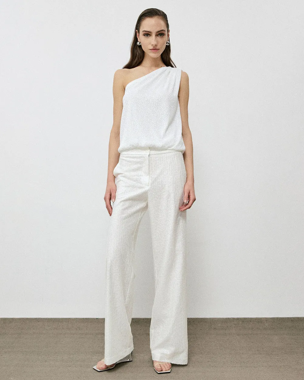 Access Off White Sequin Trouser With Lace Detailing