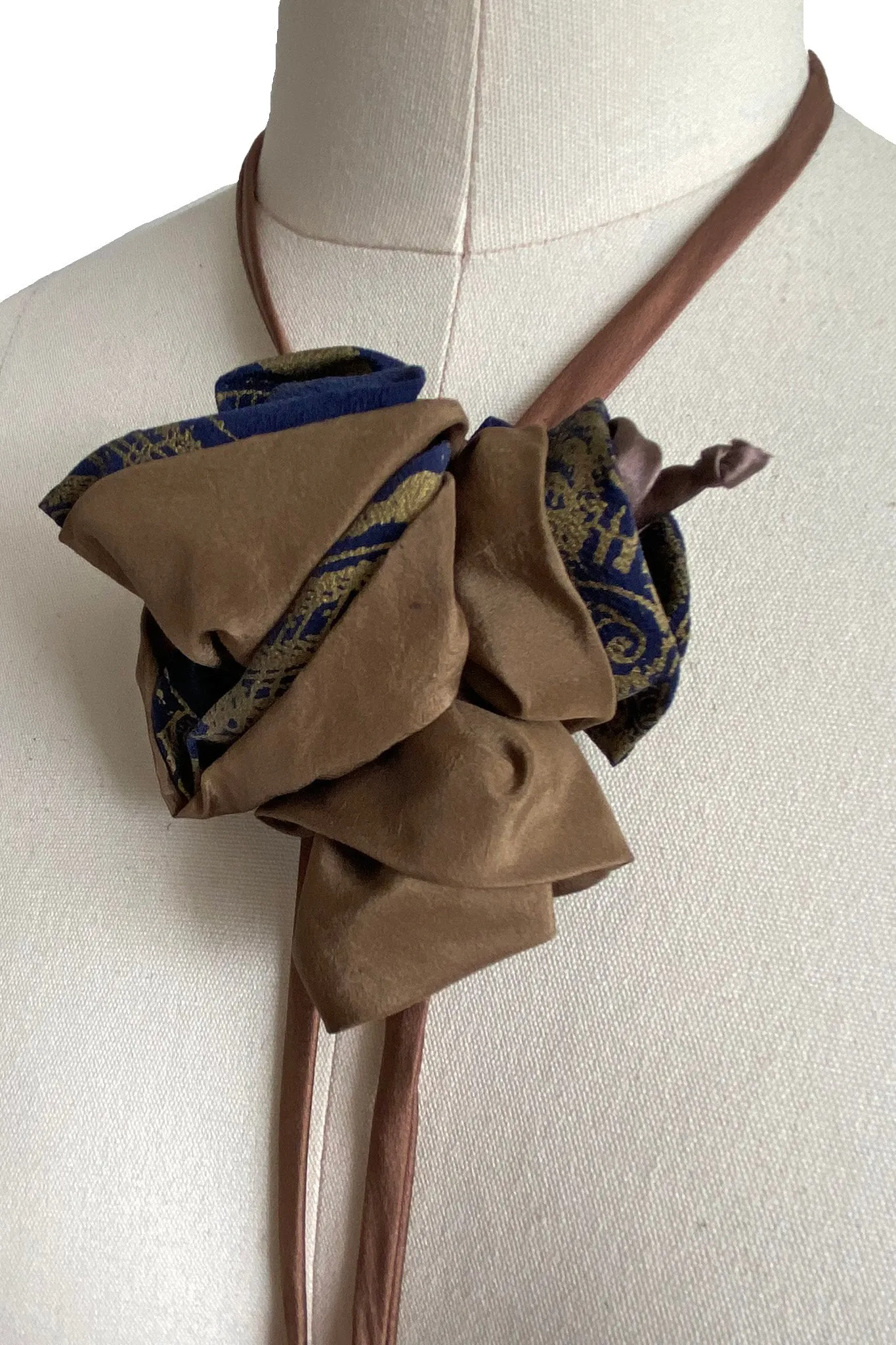 Adriana Silk Bolo Scarf - Taupe, Navy & Gold Flower w/ Cognac Silk Tie