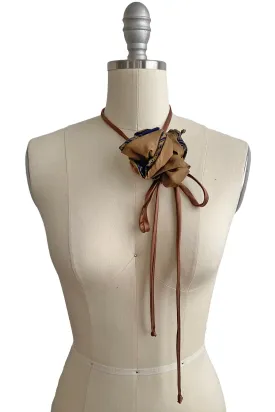 Adriana Silk Bolo Scarf - Taupe, Navy & Gold Flower w/ Cognac Silk Tie