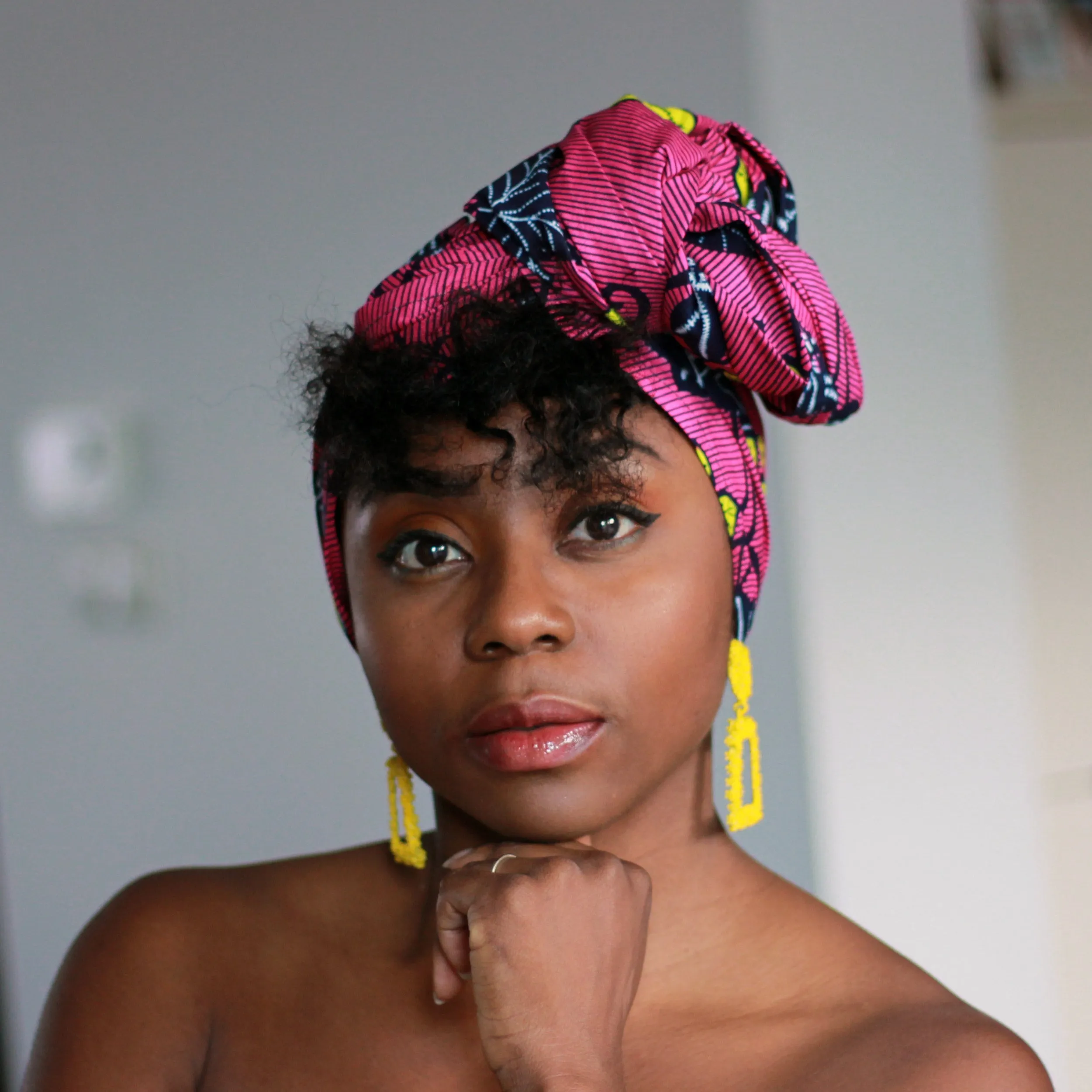 African headwrap - Pink / yellow flower trail (Vlisco)