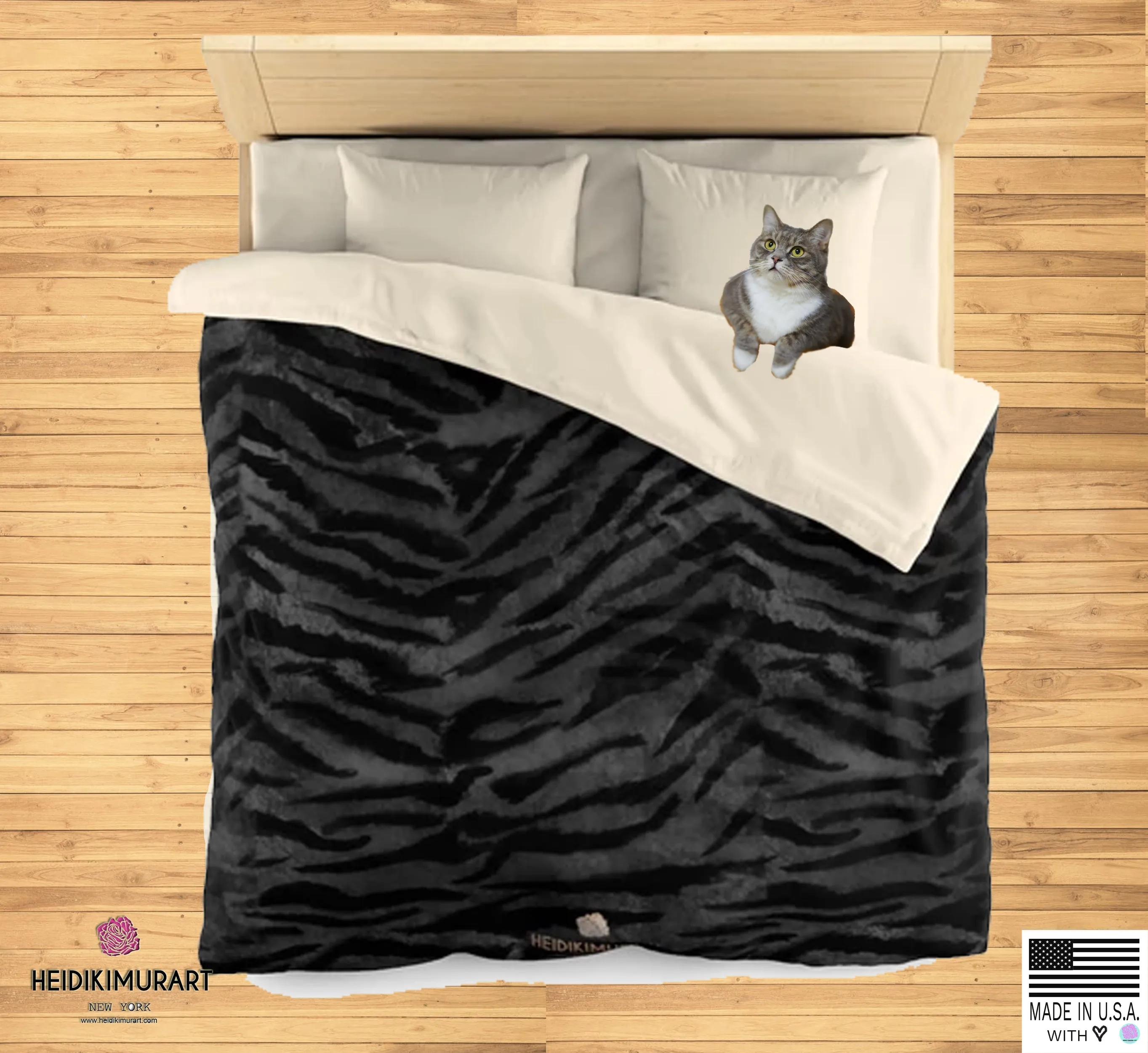 Black Tiger Stripe Duvet Cover, Gray Animal Print Queen/Twin Size Microfiber Duvet Cover