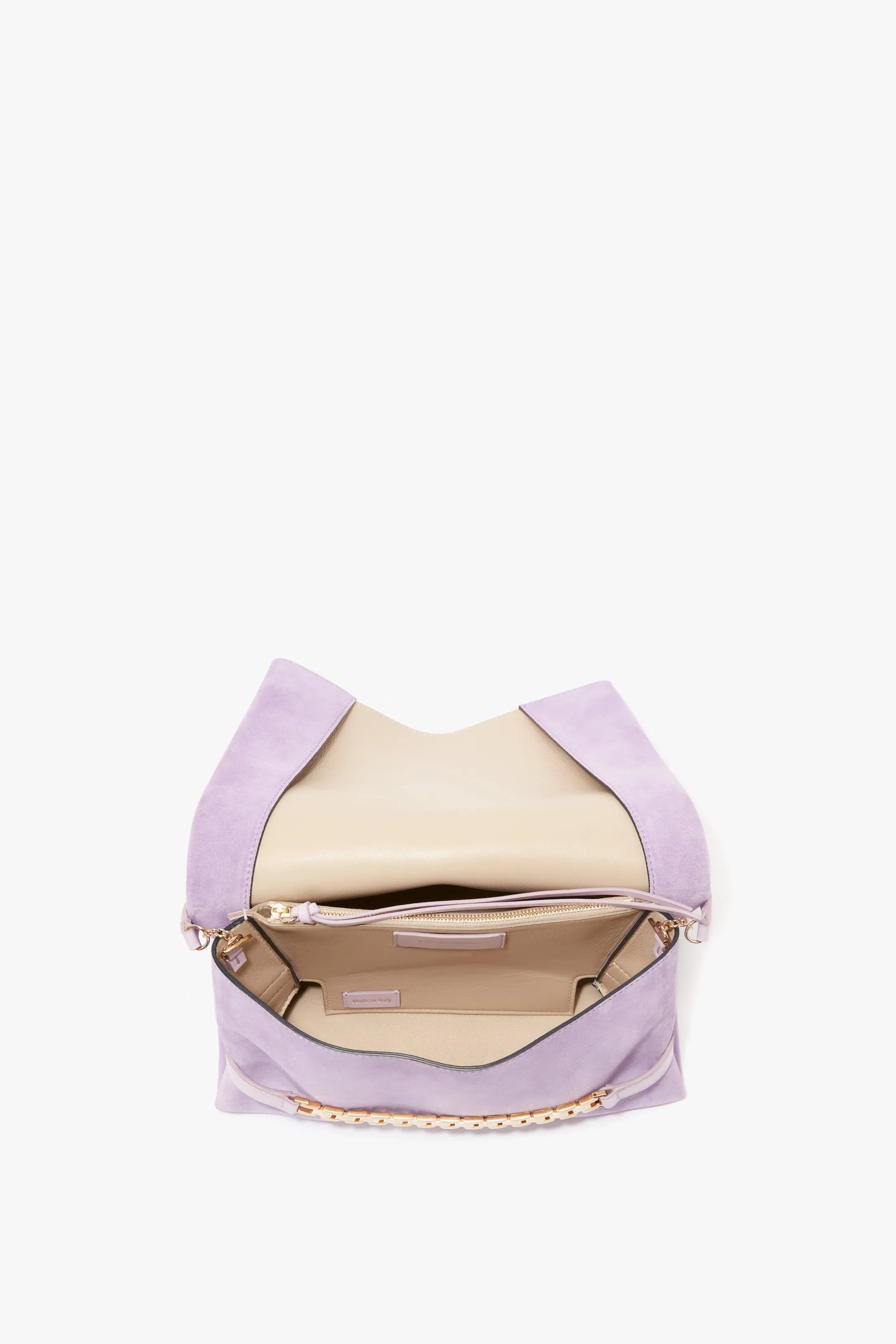 Chain Pouch Bag with Strap in Lilac Suede