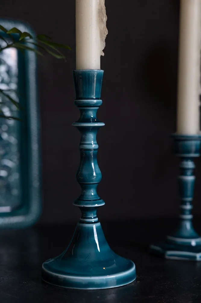 Deep Blue Enamel Cast Style Candlestick Holder - 2 Sizes Available