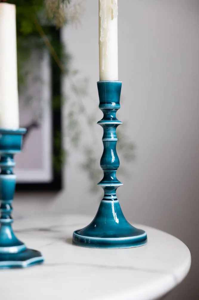 Deep Blue Enamel Cast Style Candlestick Holder - 2 Sizes Available