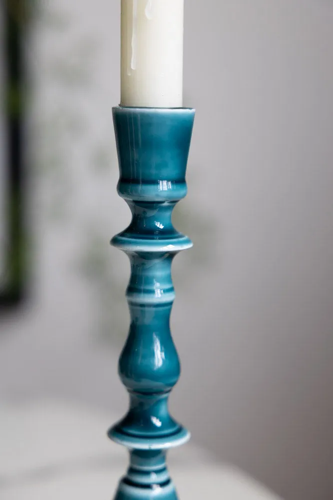 Deep Blue Enamel Cast Style Candlestick Holder - 2 Sizes Available