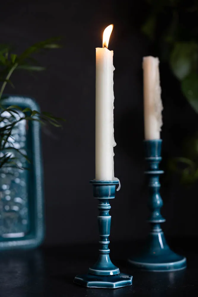 Deep Blue Enamel Cast Style Candlestick Holder - 2 Sizes Available