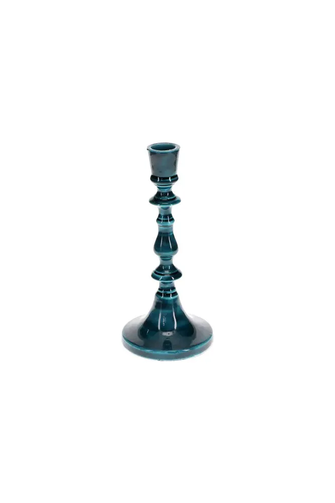 Deep Blue Enamel Cast Style Candlestick Holder - 2 Sizes Available