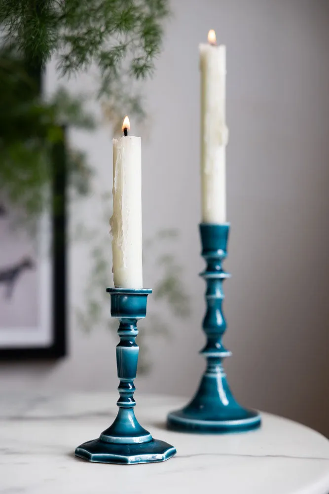 Deep Blue Enamel Cast Style Candlestick Holder - 2 Sizes Available