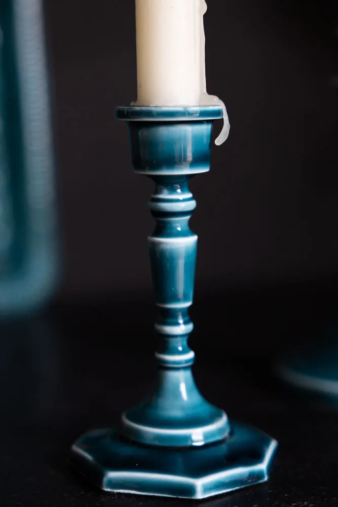 Deep Blue Enamel Cast Style Candlestick Holder - 2 Sizes Available