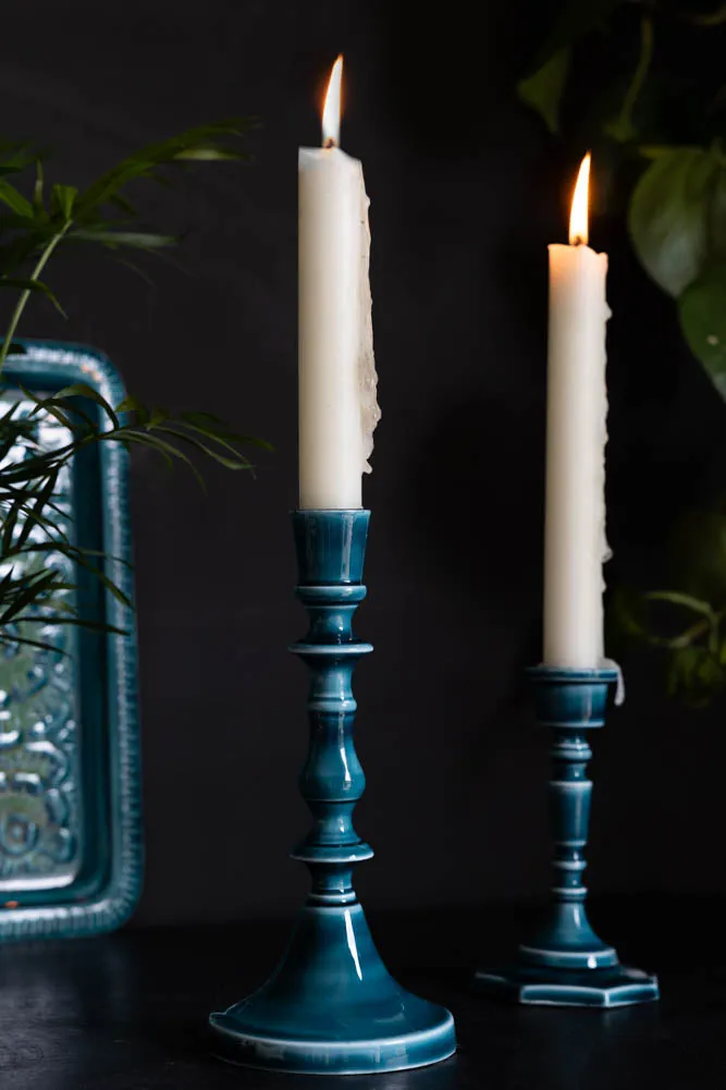 Deep Blue Enamel Cast Style Candlestick Holder - 2 Sizes Available