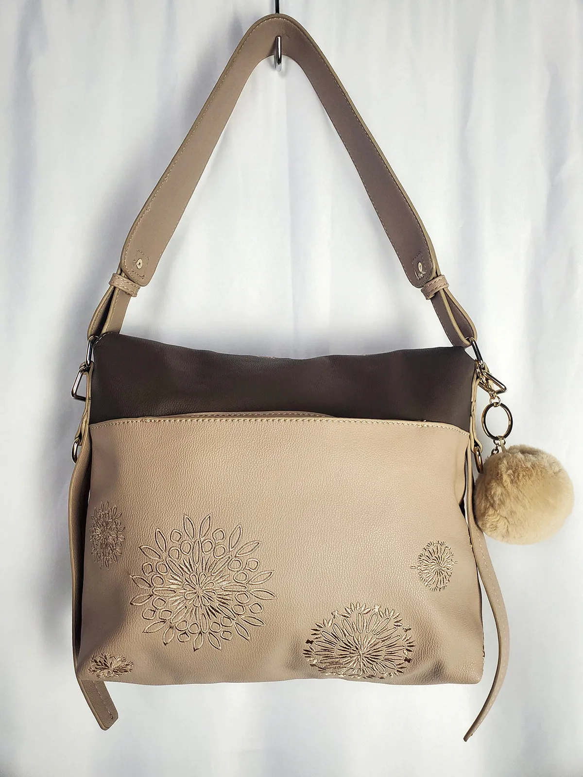 desigual Beige & Taupe Faux Leather Floral Shoulder Handbag