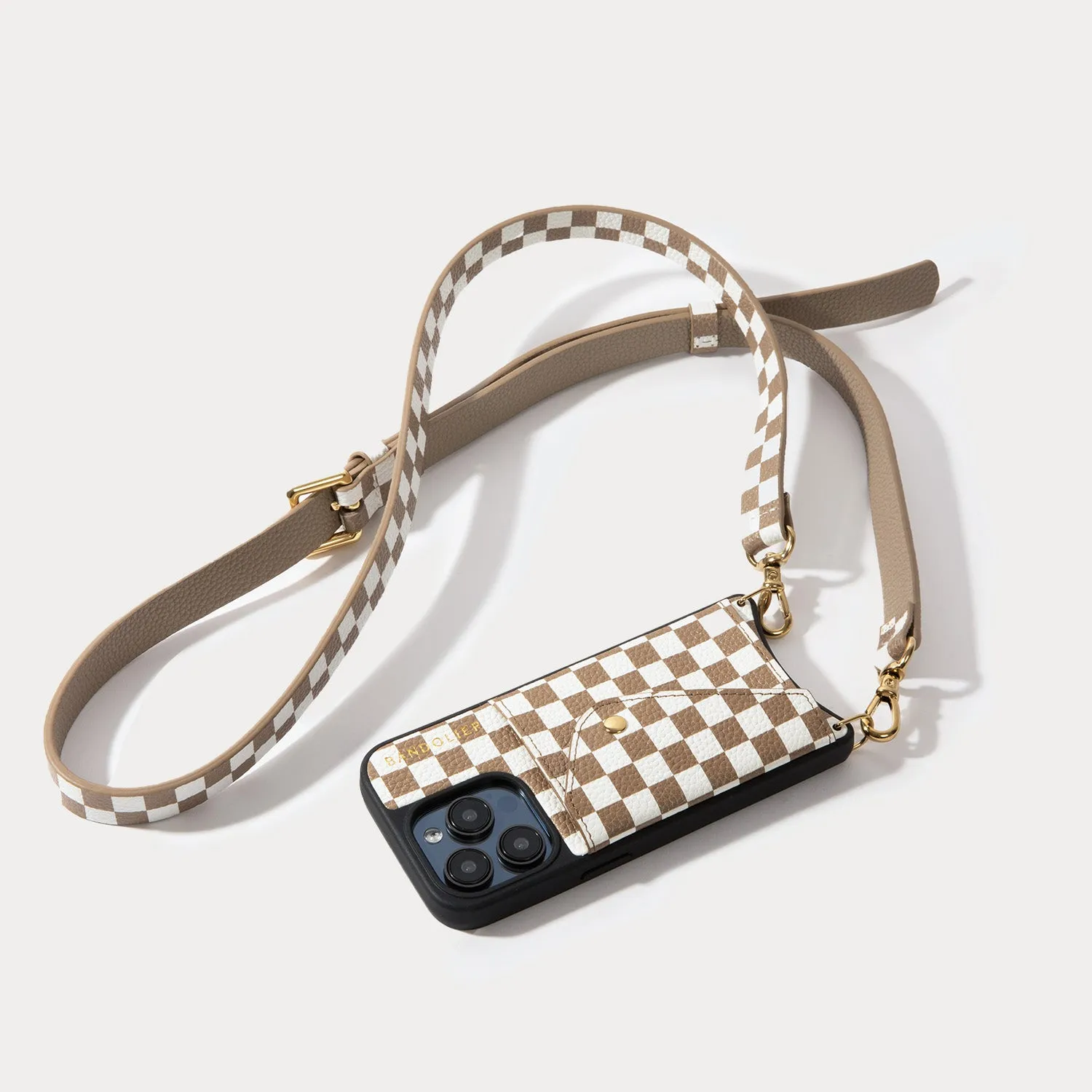 Hailey Side Slot Leather Crossbody Bandolier - Taupe Checker/Gold