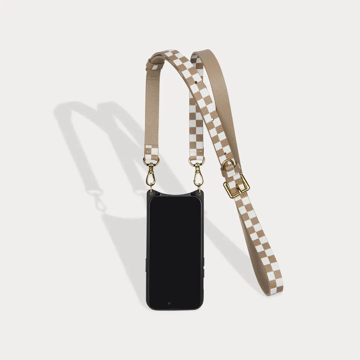 Hailey Side Slot Leather Crossbody Bandolier - Taupe Checker/Gold