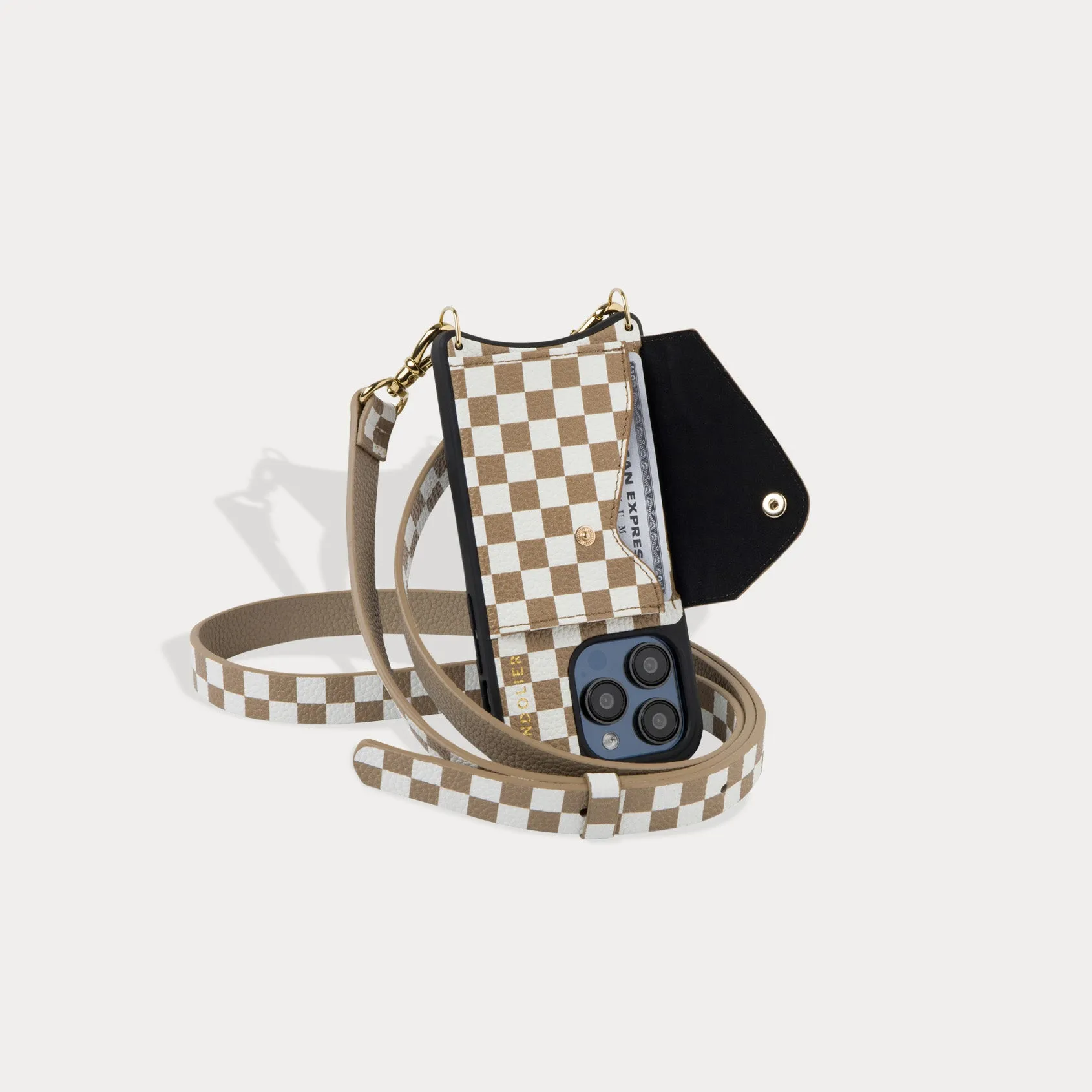 Hailey Side Slot Leather Crossbody Bandolier - Taupe Checker/Gold