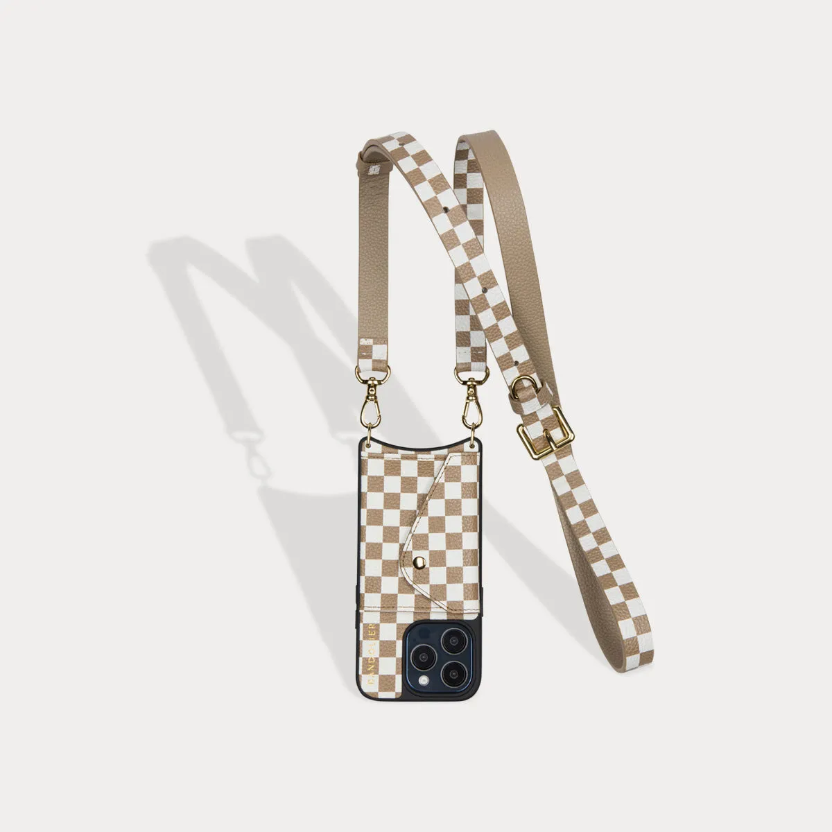 Hailey Side Slot Leather Crossbody Bandolier - Taupe Checker/Gold