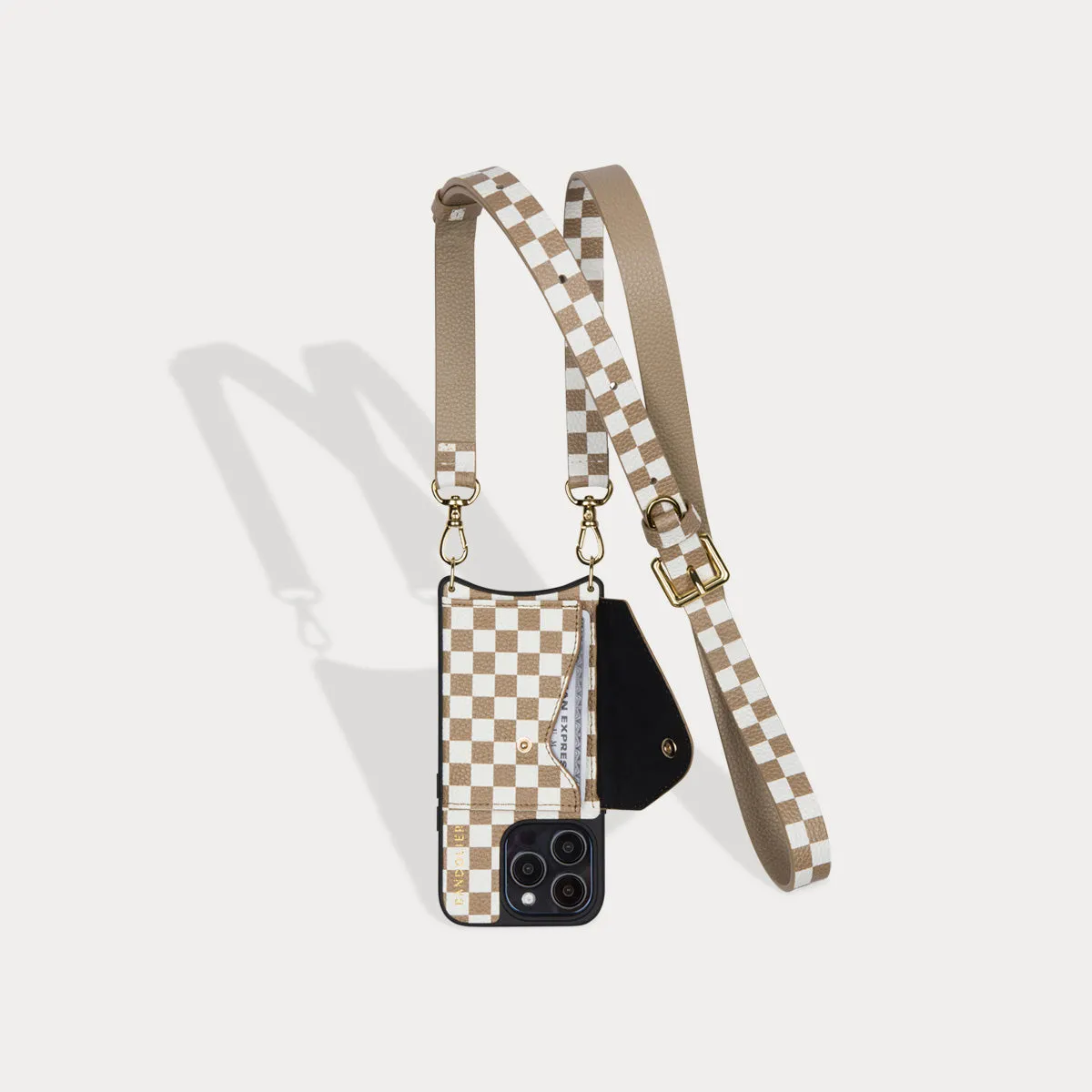 Hailey Side Slot Leather Crossbody Bandolier - Taupe Checker/Gold