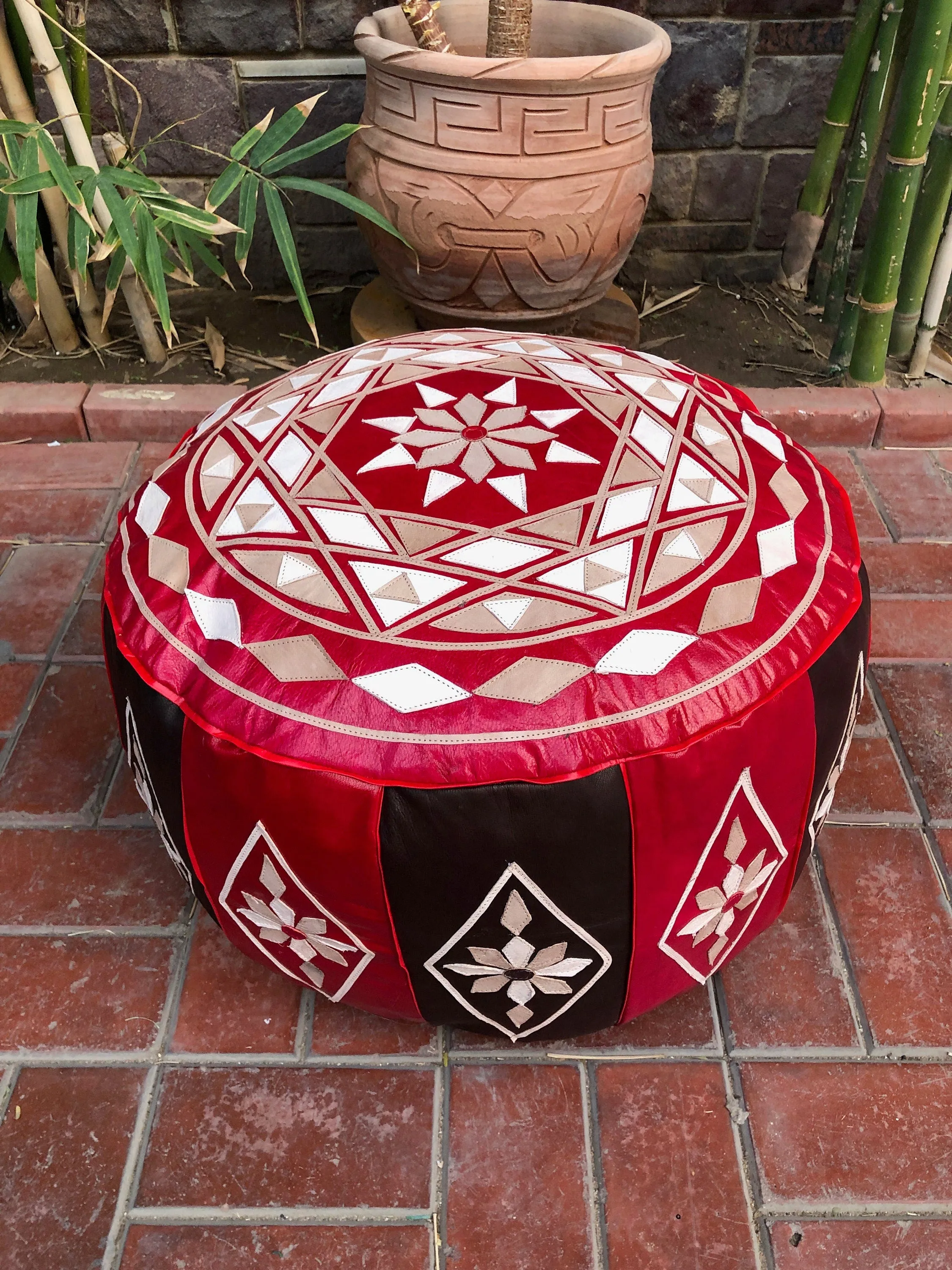 Handmade leather Moroccan pouf, Red/brown Leather Pouf, 30cm x 50cm pouf, Moroccan Pouf, Round Leather Pouf, Orange poufs, gift for her