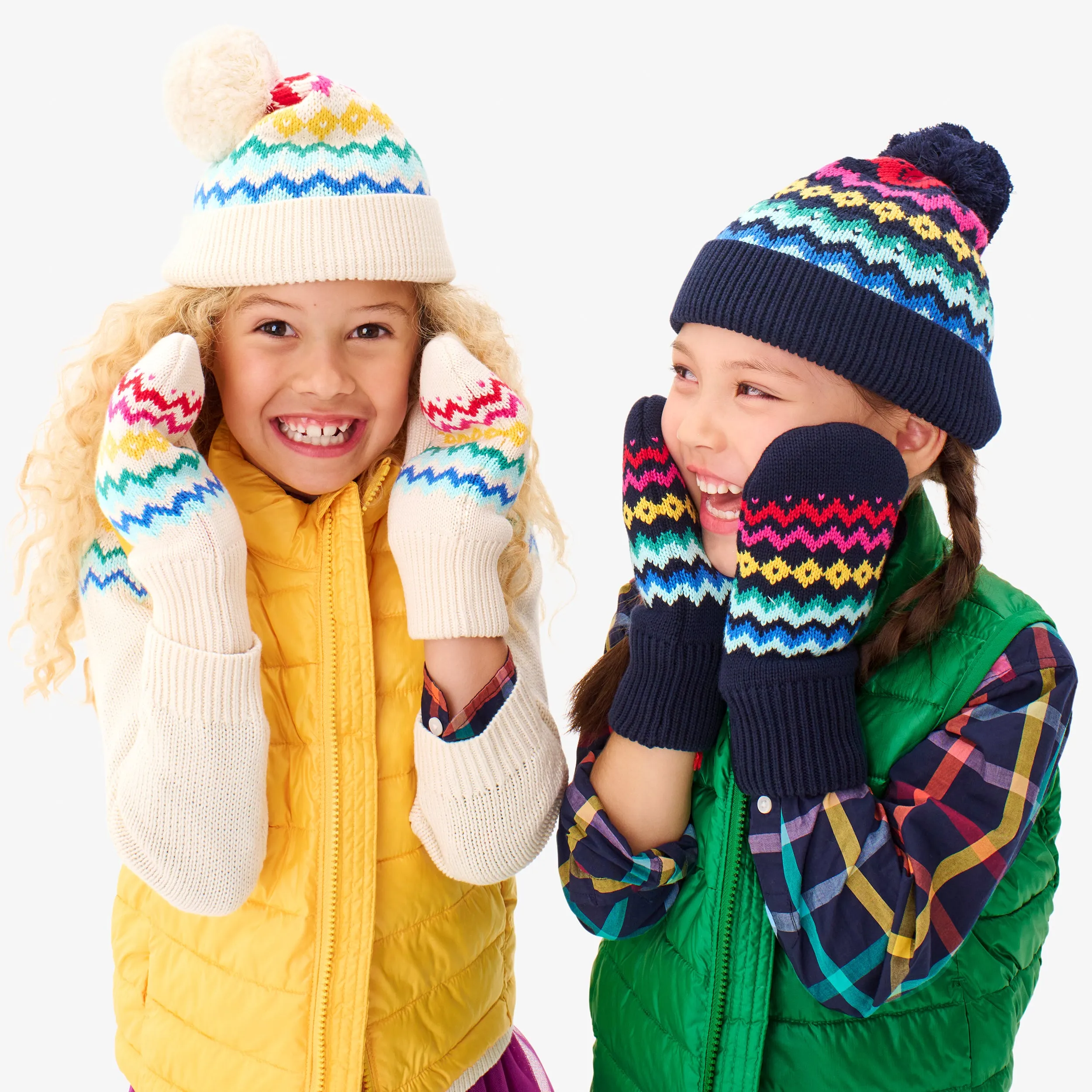 Kids fleece-lined rainbow fair isle mittens