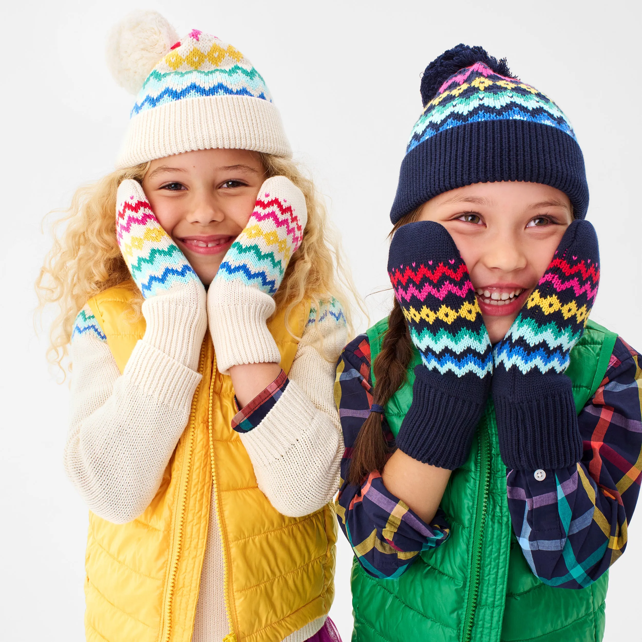 Kids fleece-lined rainbow fair isle mittens