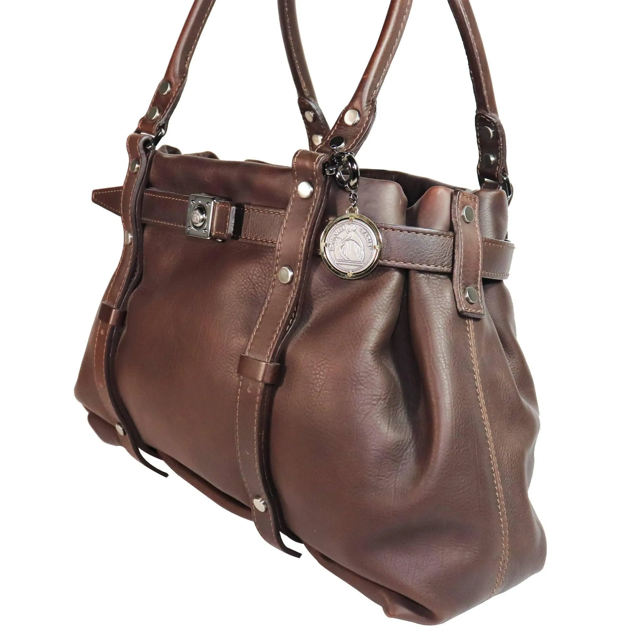 LANVIN Brown Leather Handbag with Silver Hardware