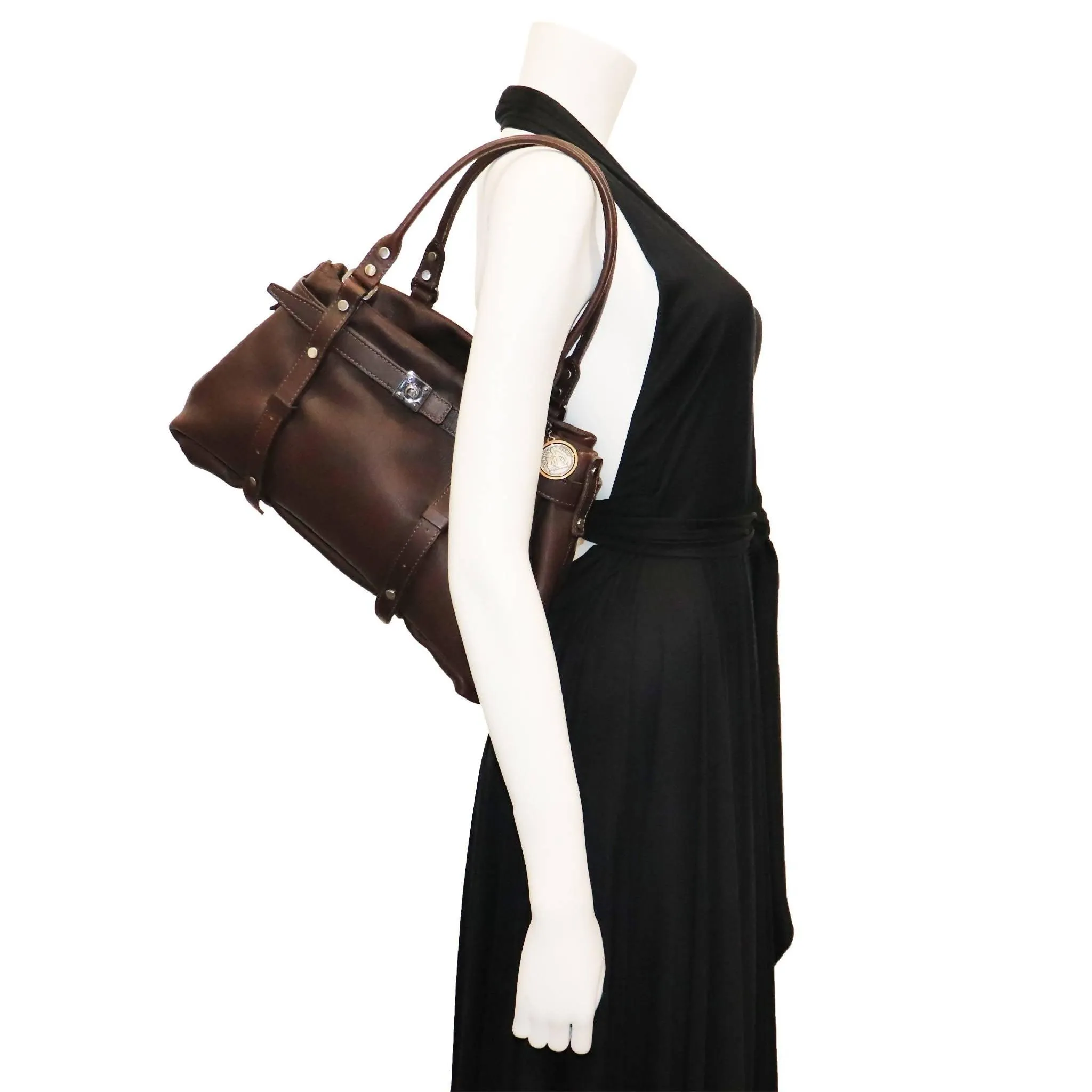 LANVIN Brown Leather Handbag with Silver Hardware