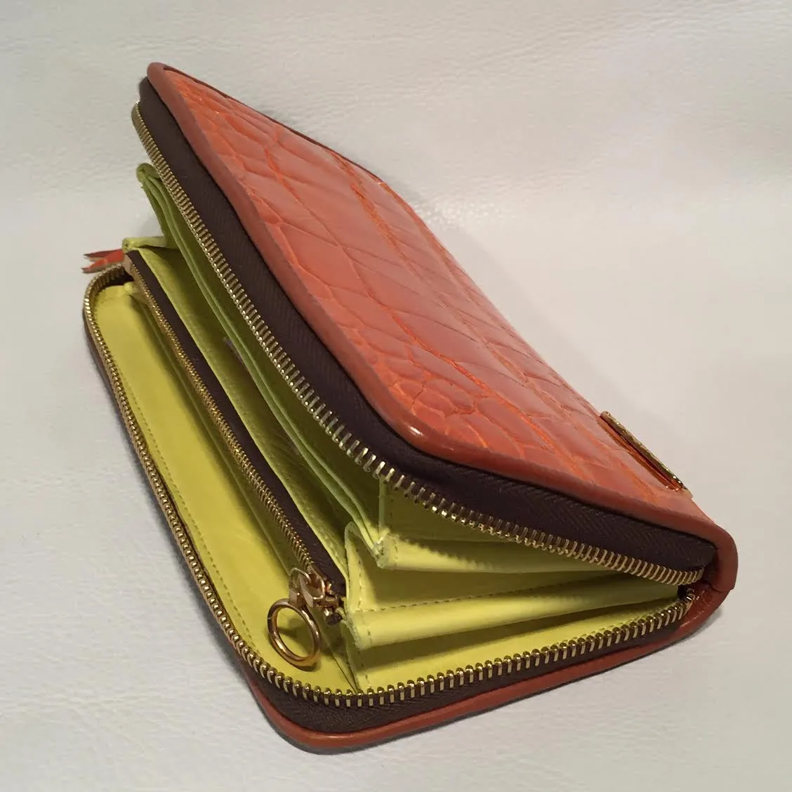 Large Zipper Wallet in Orange Crocodile Leather