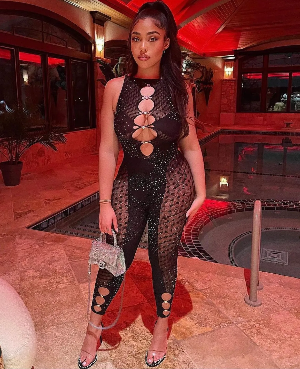 Mesh Skinny Cut Sleeveless Rhinestone Jumpsuit