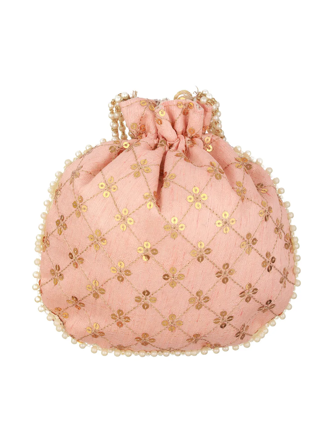 Peach-Coloured & Gold-Toned Embellished Potli Clutch