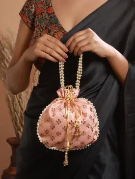 Peach-Coloured & Gold-Toned Embellished Potli Clutch