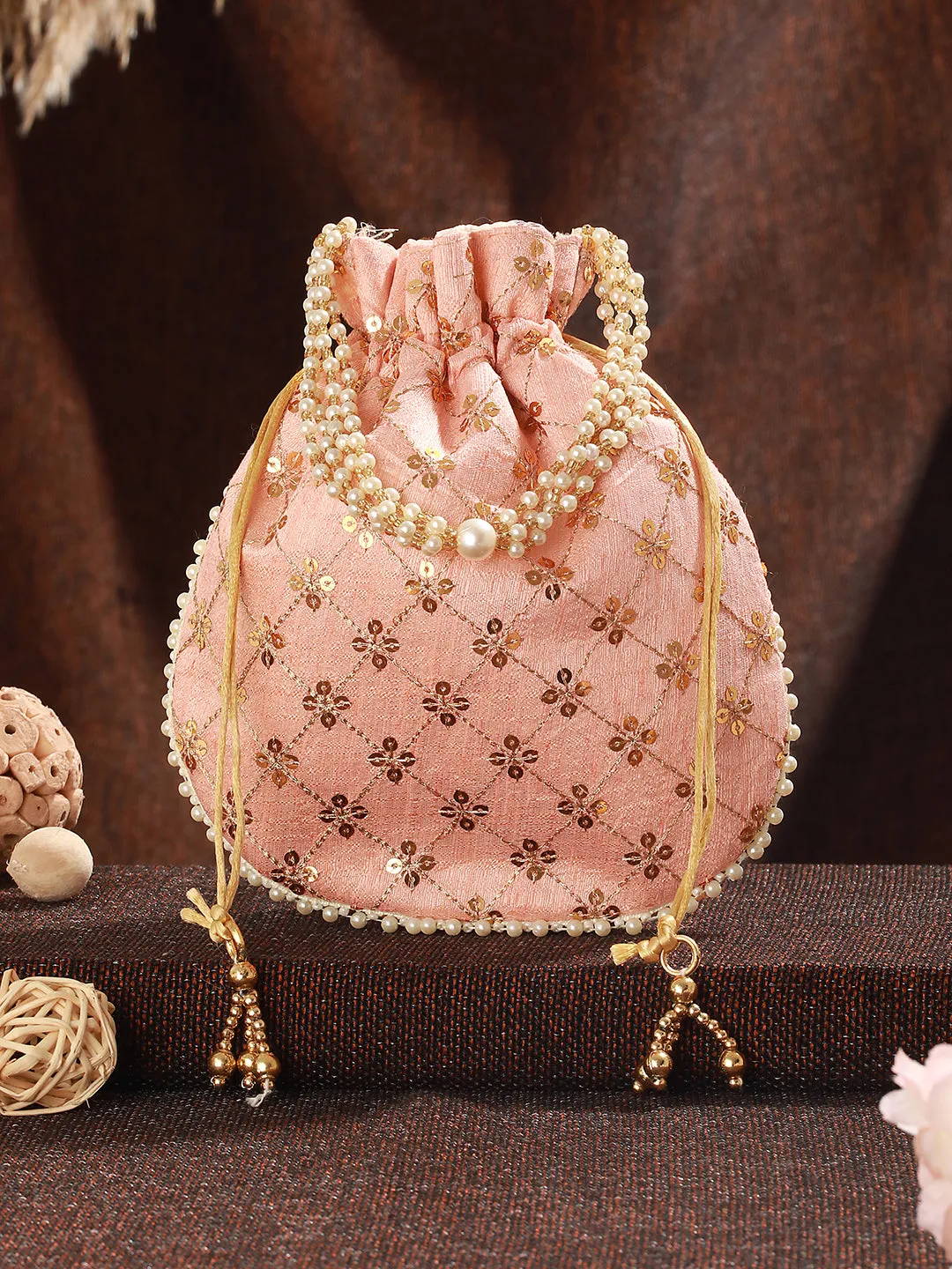 Peach-Coloured & Gold-Toned Embellished Potli Clutch