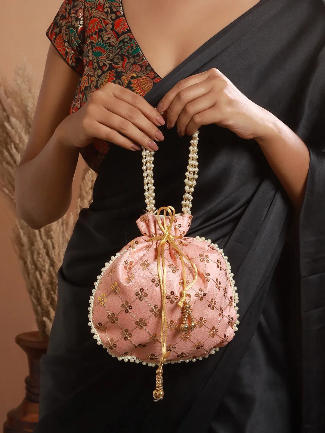 Peach-Coloured & Gold-Toned Embellished Potli Clutch