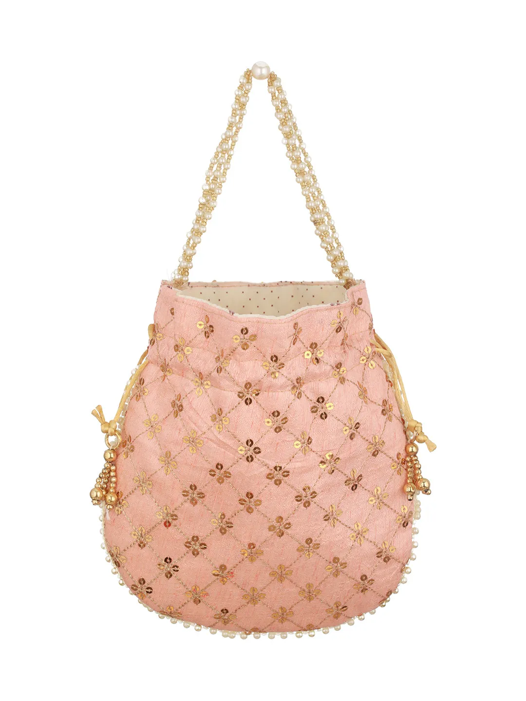 Peach-Coloured & Gold-Toned Embellished Potli Clutch