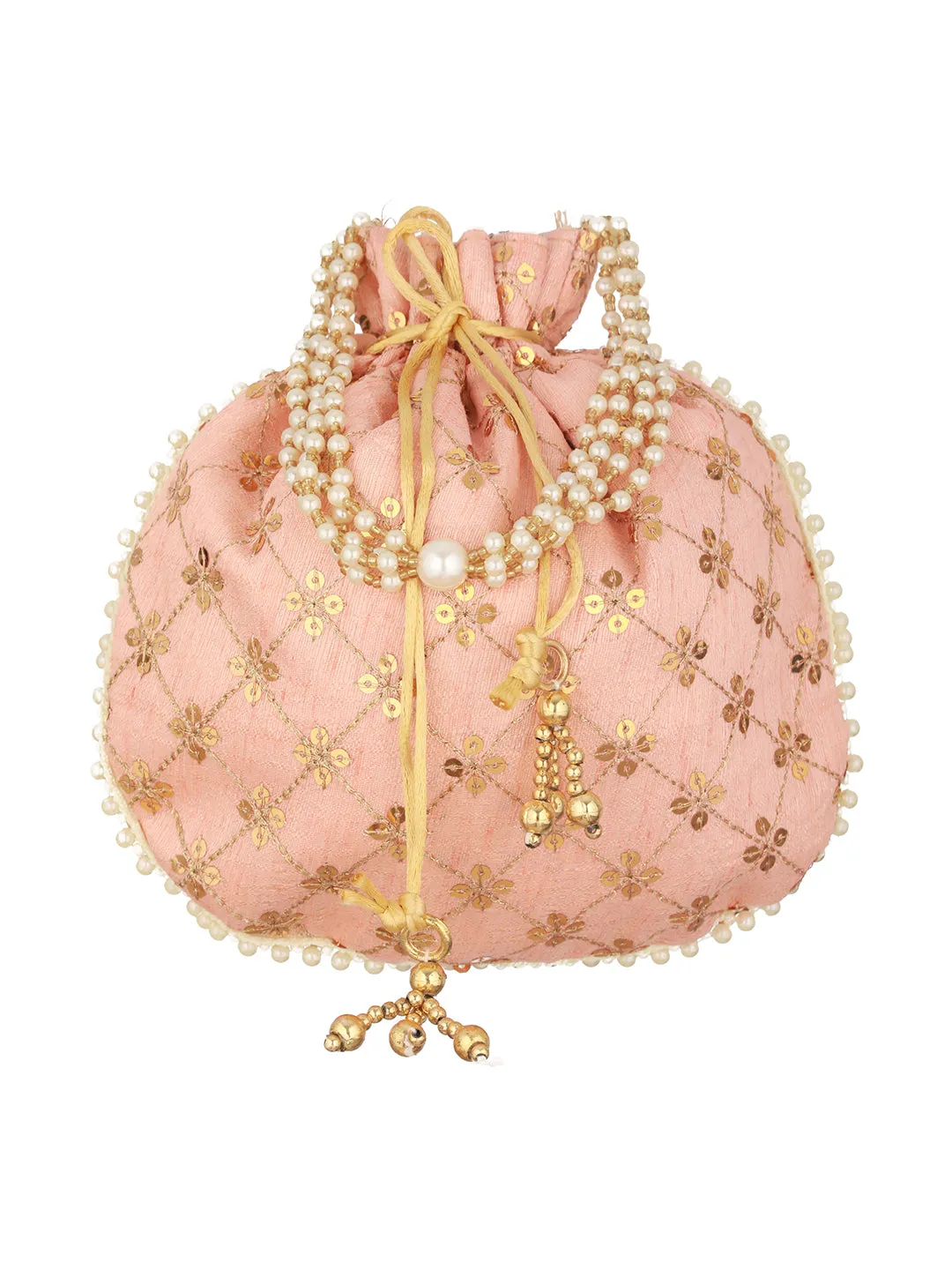 Peach-Coloured & Gold-Toned Embellished Potli Clutch