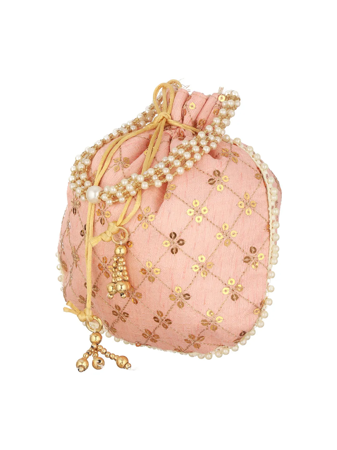 Peach-Coloured & Gold-Toned Embellished Potli Clutch