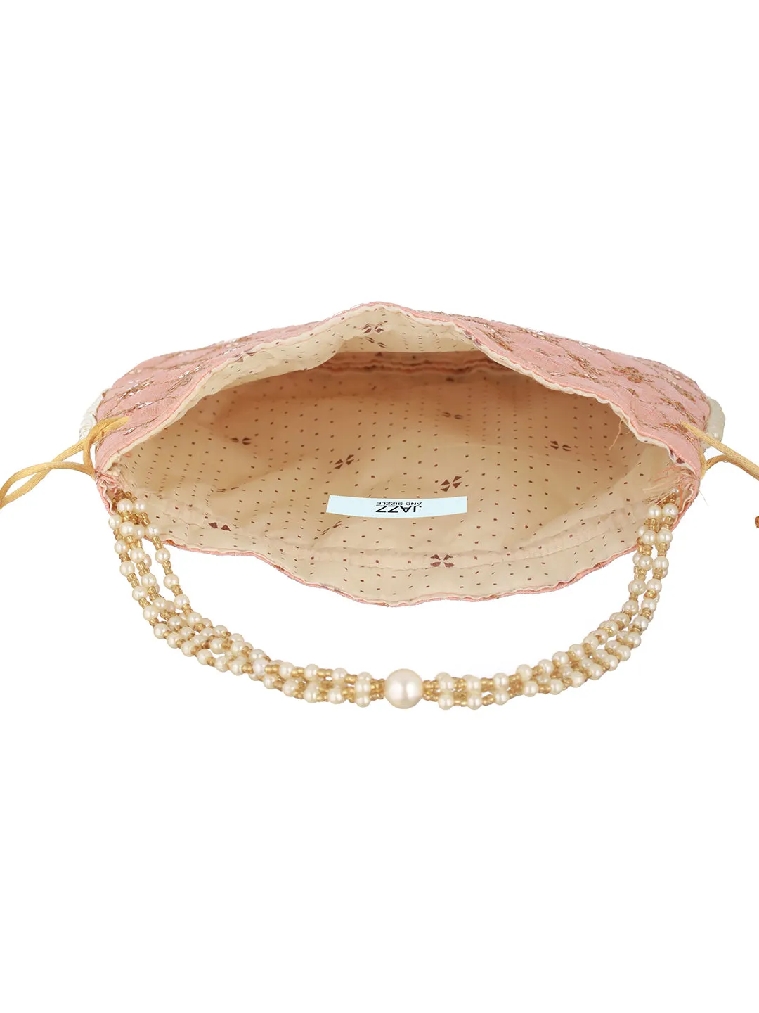 Peach-Coloured & Gold-Toned Embellished Potli Clutch