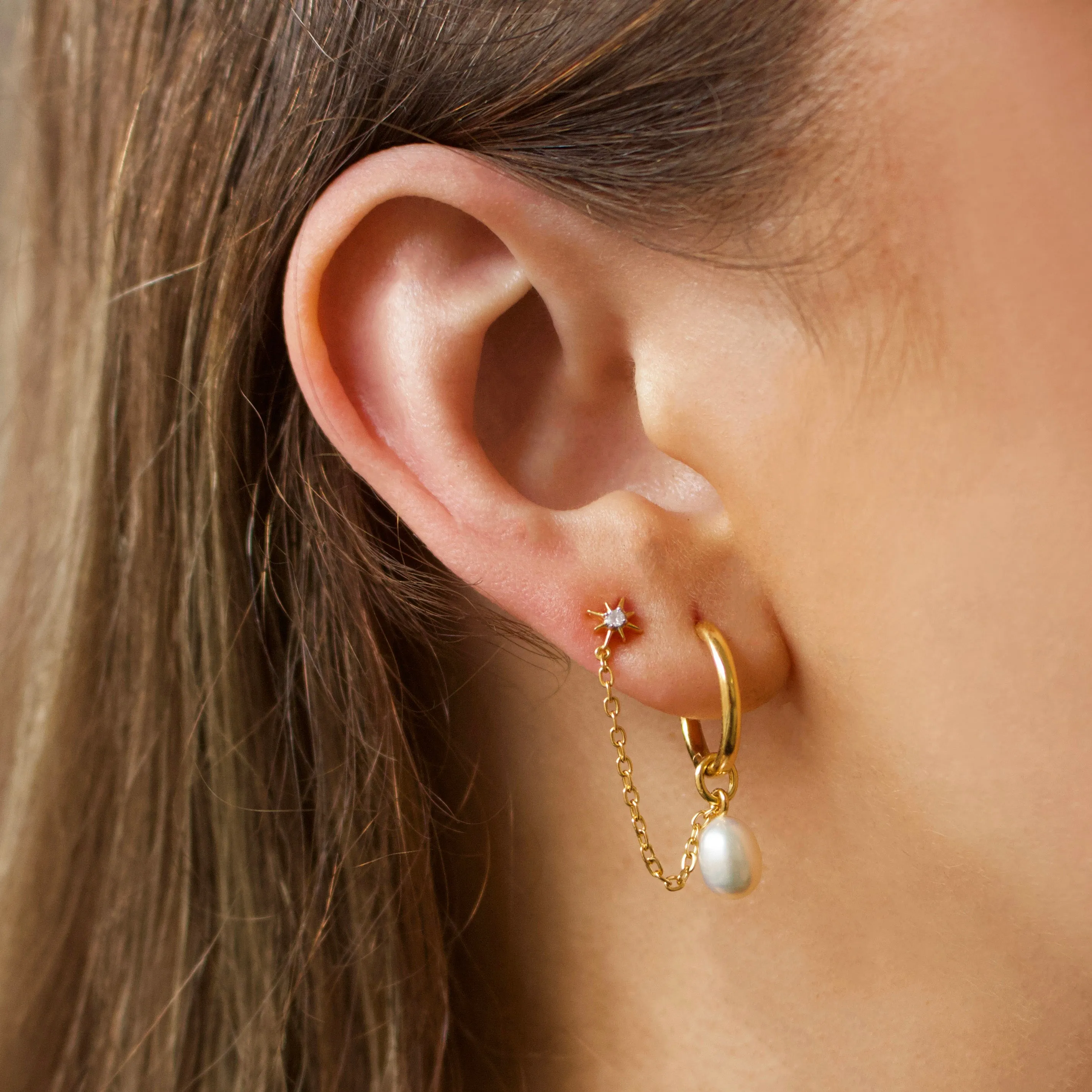 Pearl Hoop & Chain Star Stud Earring