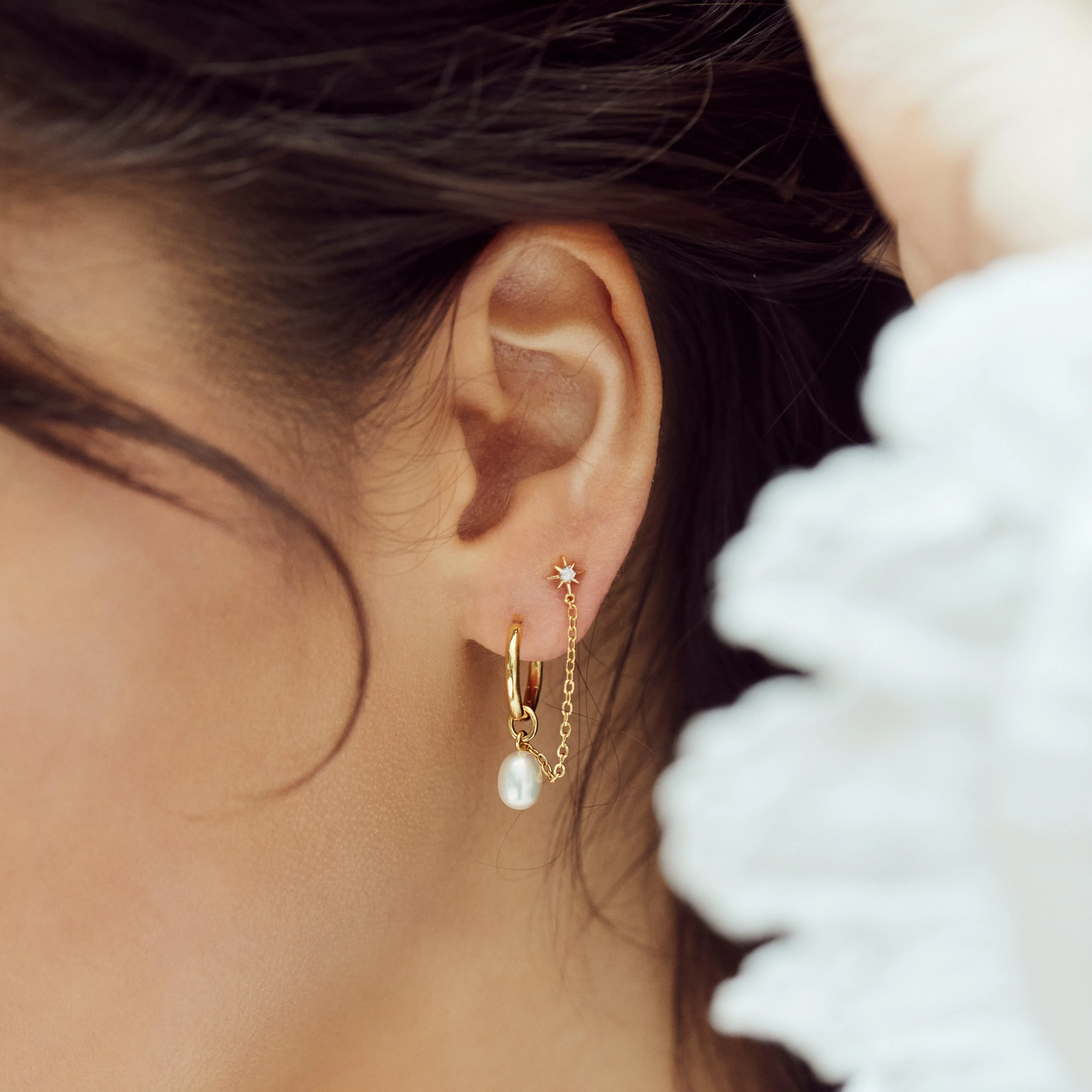 Pearl Hoop & Chain Star Stud Earring