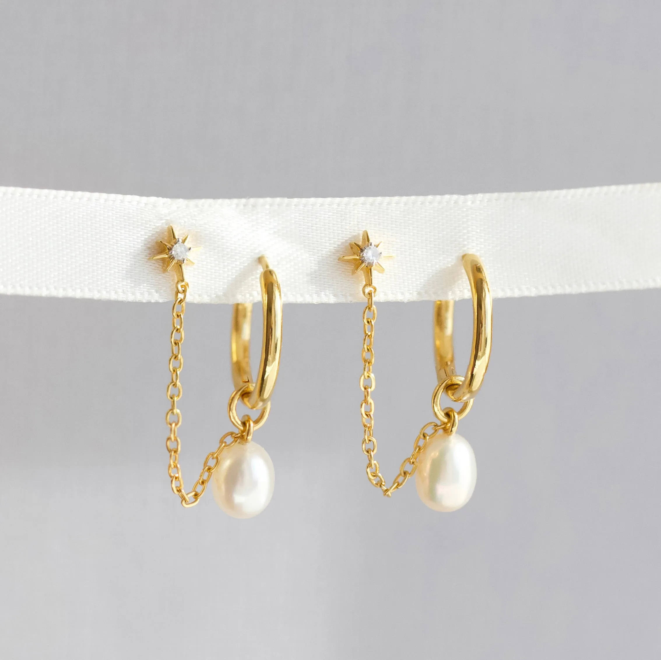 Pearl Hoop & Chain Star Stud Earring