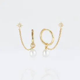 Pearl Hoop & Chain Star Stud Earring