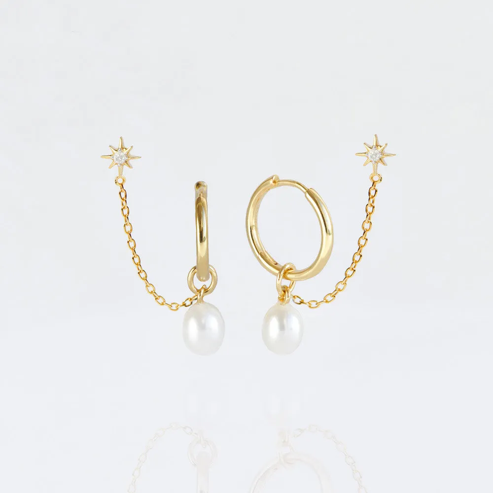 Pearl Hoop & Chain Star Stud Earring