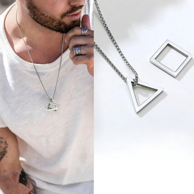 Popular Men Necklace,Interlocking Square Triangle Male Pendant,Stainless Steel Modern Trendy Geometric Necklaces,Hipster Jewelry