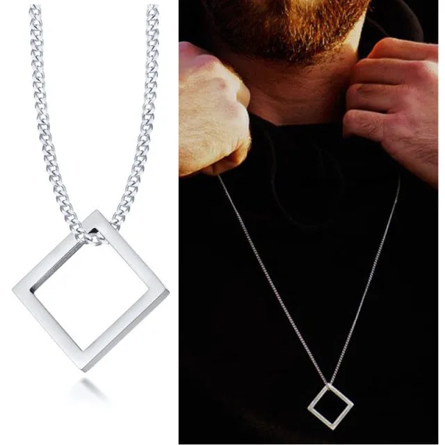 Popular Men Necklace,Interlocking Square Triangle Male Pendant,Stainless Steel Modern Trendy Geometric Necklaces,Hipster Jewelry