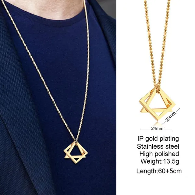 Popular Men Necklace,Interlocking Square Triangle Male Pendant,Stainless Steel Modern Trendy Geometric Necklaces,Hipster Jewelry