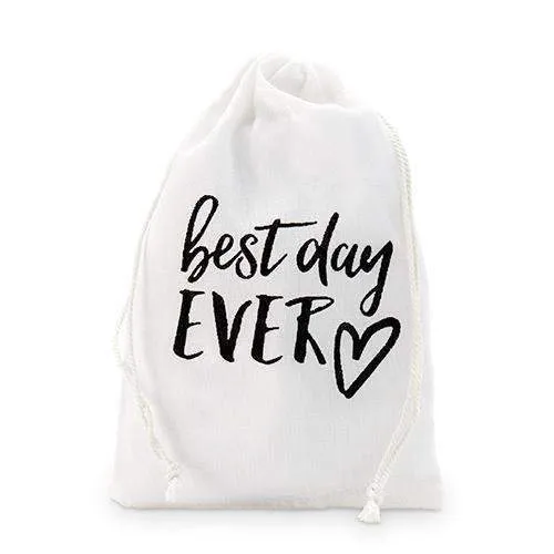 "best day ever" Print Muslin Drawstring Favor Bag - Medium (Pack of 12)